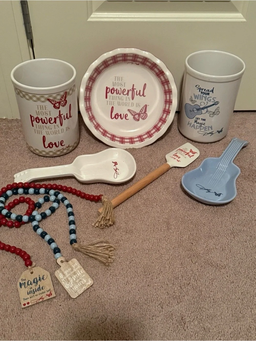 collection of Dolly Parton themed home decor